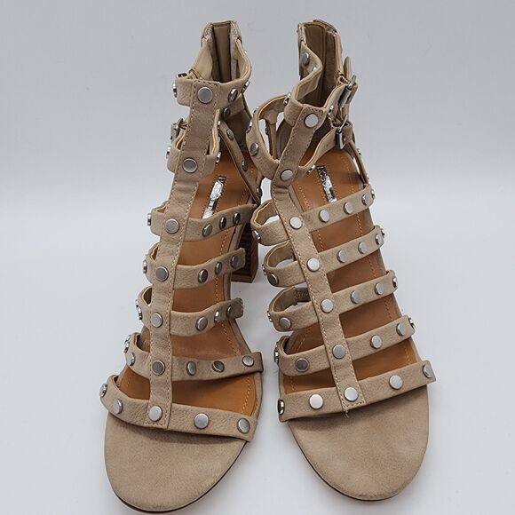 Bcbgeneration Chasta Strappy Sandals Size 9.5M Tan Block Heel Caged Studded - Picture 4 of 13